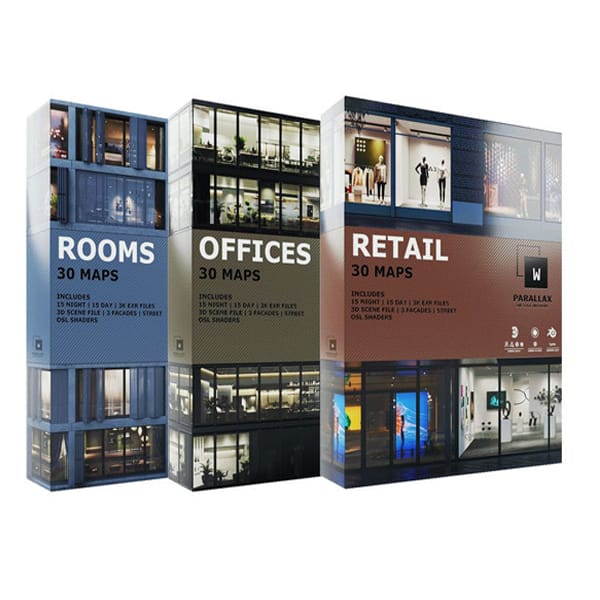 办公室商店房间楼房建筑3D模型 wParallax Bundle Pack (C4D/MAX/FBX格式)